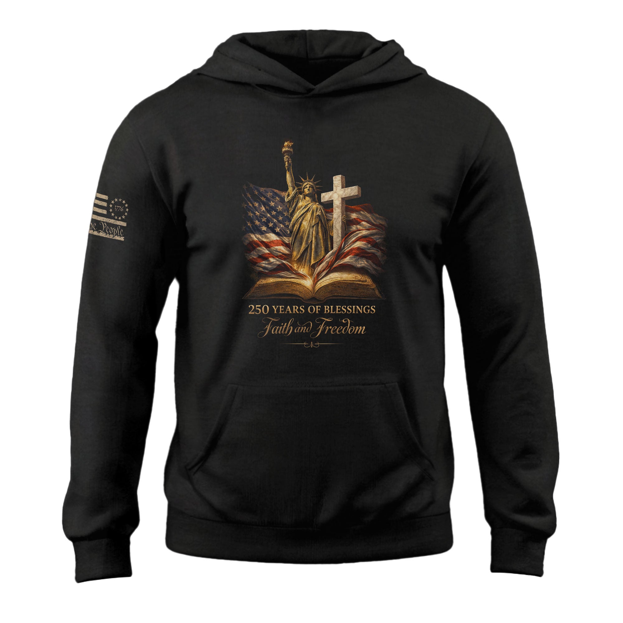 America 250th Anniversary Hoodie 1776-2026 Statue of Liberty Glowing Cross Faith Freedom