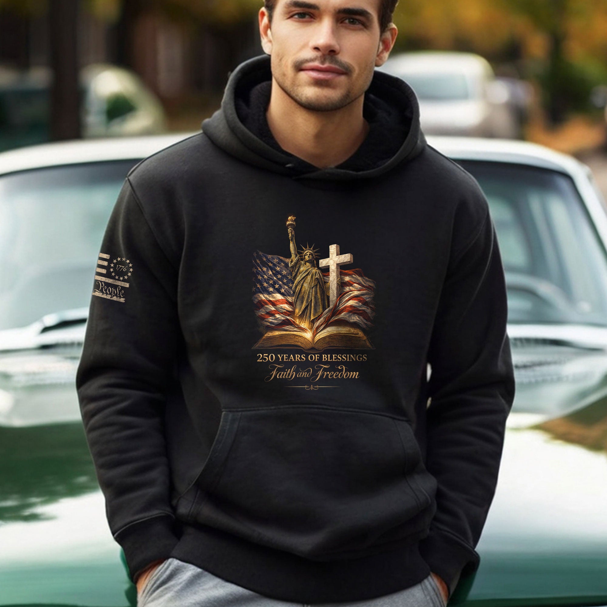 America 250th Anniversary Hoodie 1776-2026 Statue of Liberty Glowing Cross Faith Freedom