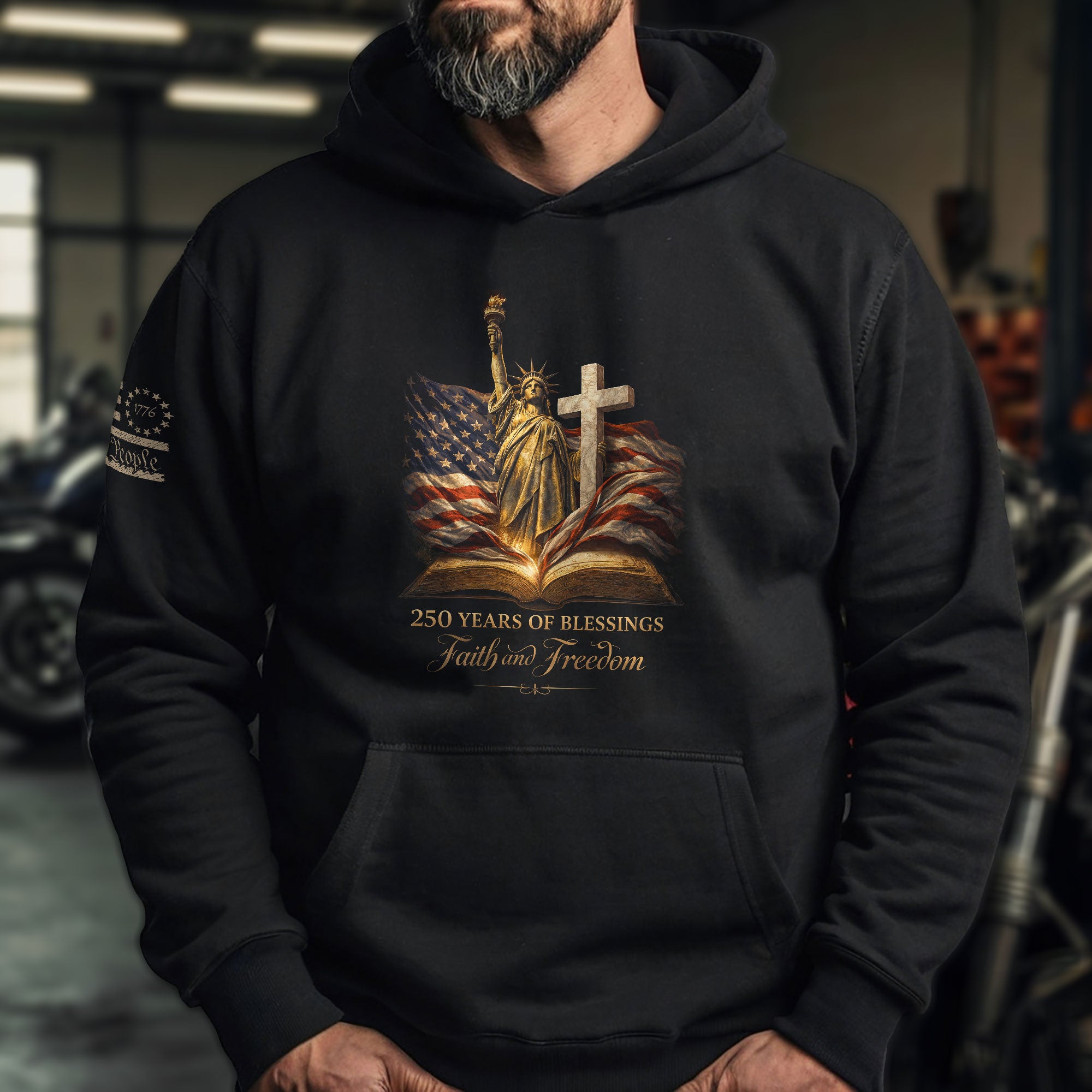 America 250th Anniversary Hoodie 1776-2026 Statue of Liberty Glowing Cross Faith Freedom