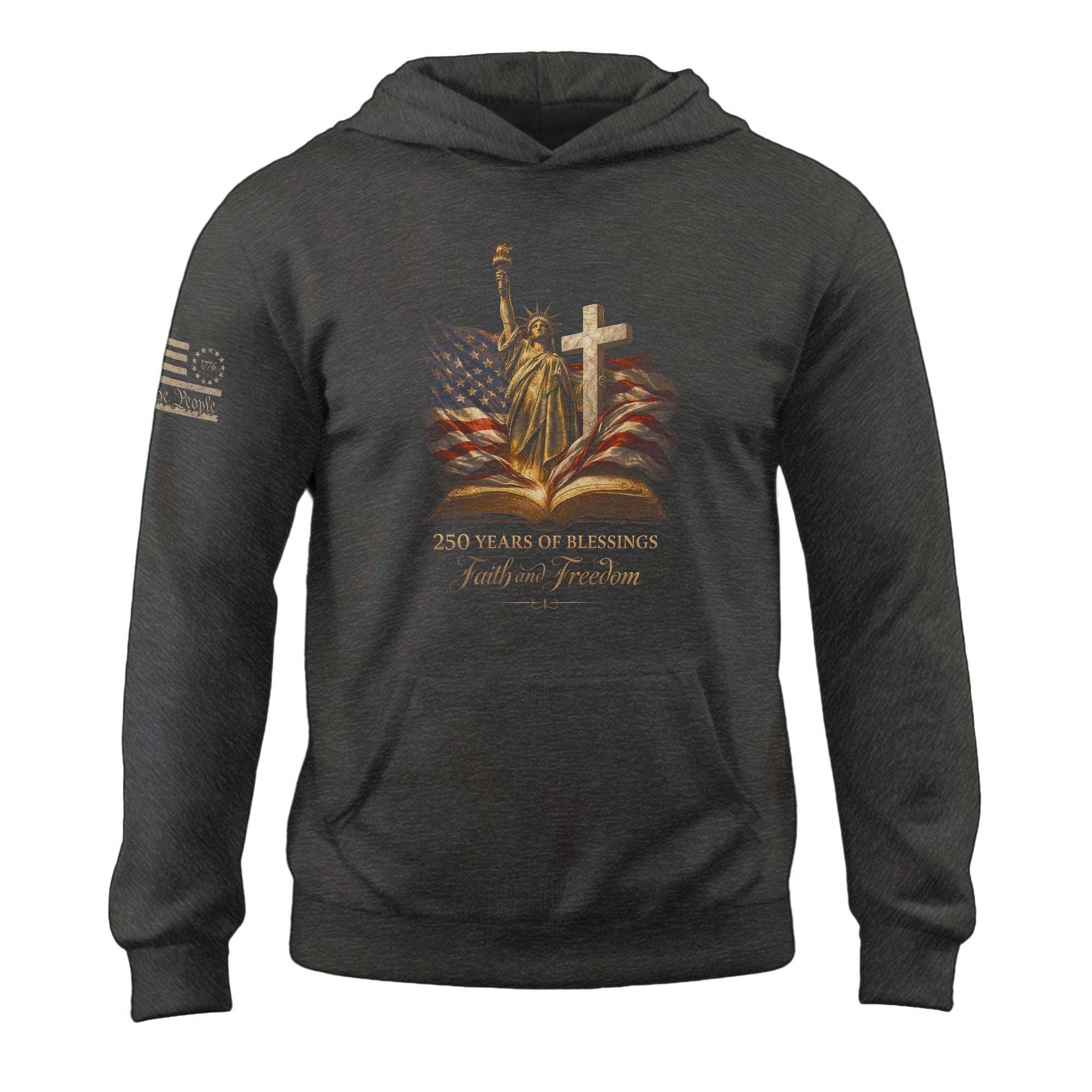 America 250th Anniversary Hoodie 1776-2026 Statue of Liberty Glowing Cross Faith Freedom