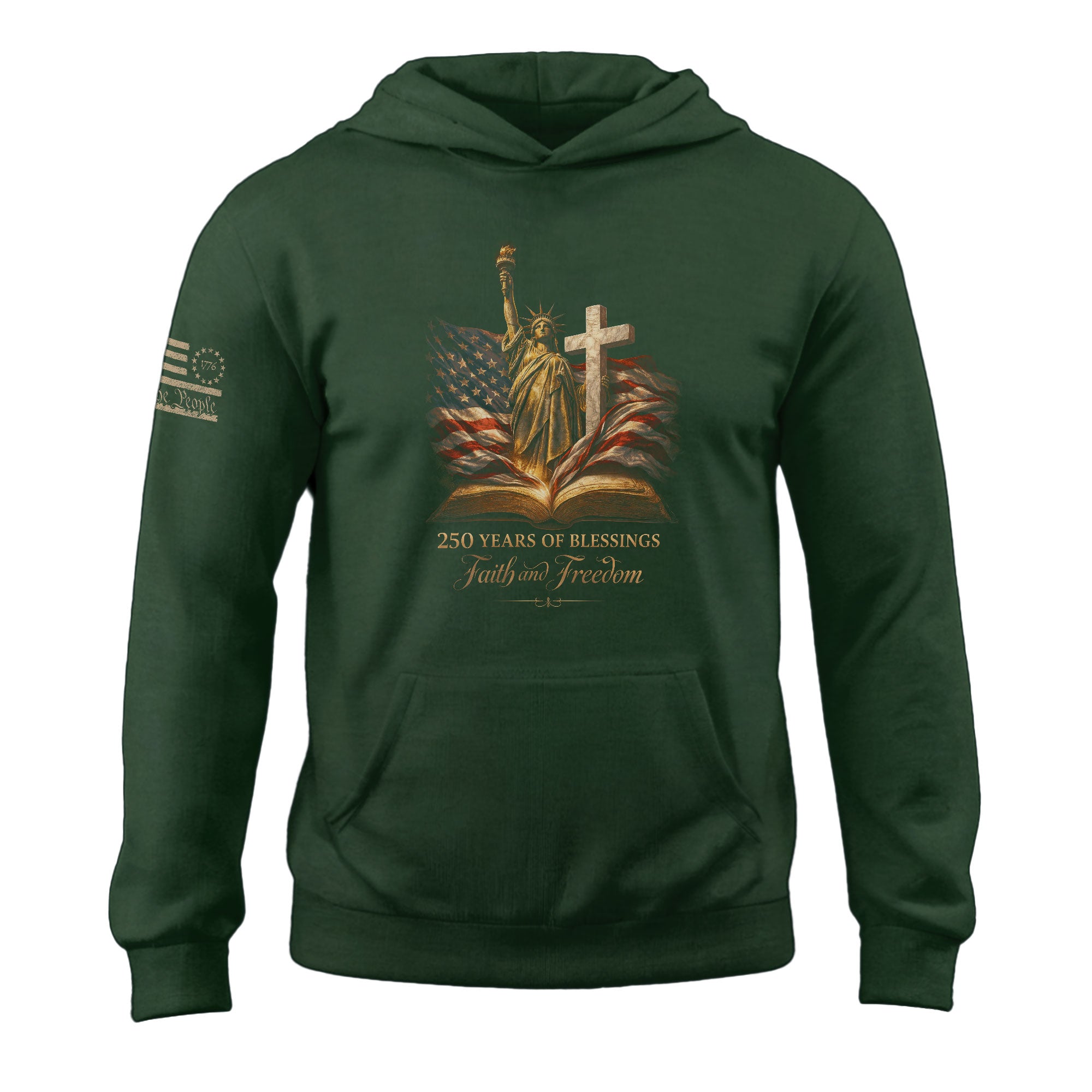 America 250th Anniversary Hoodie 1776-2026 Statue of Liberty Glowing Cross Faith Freedom