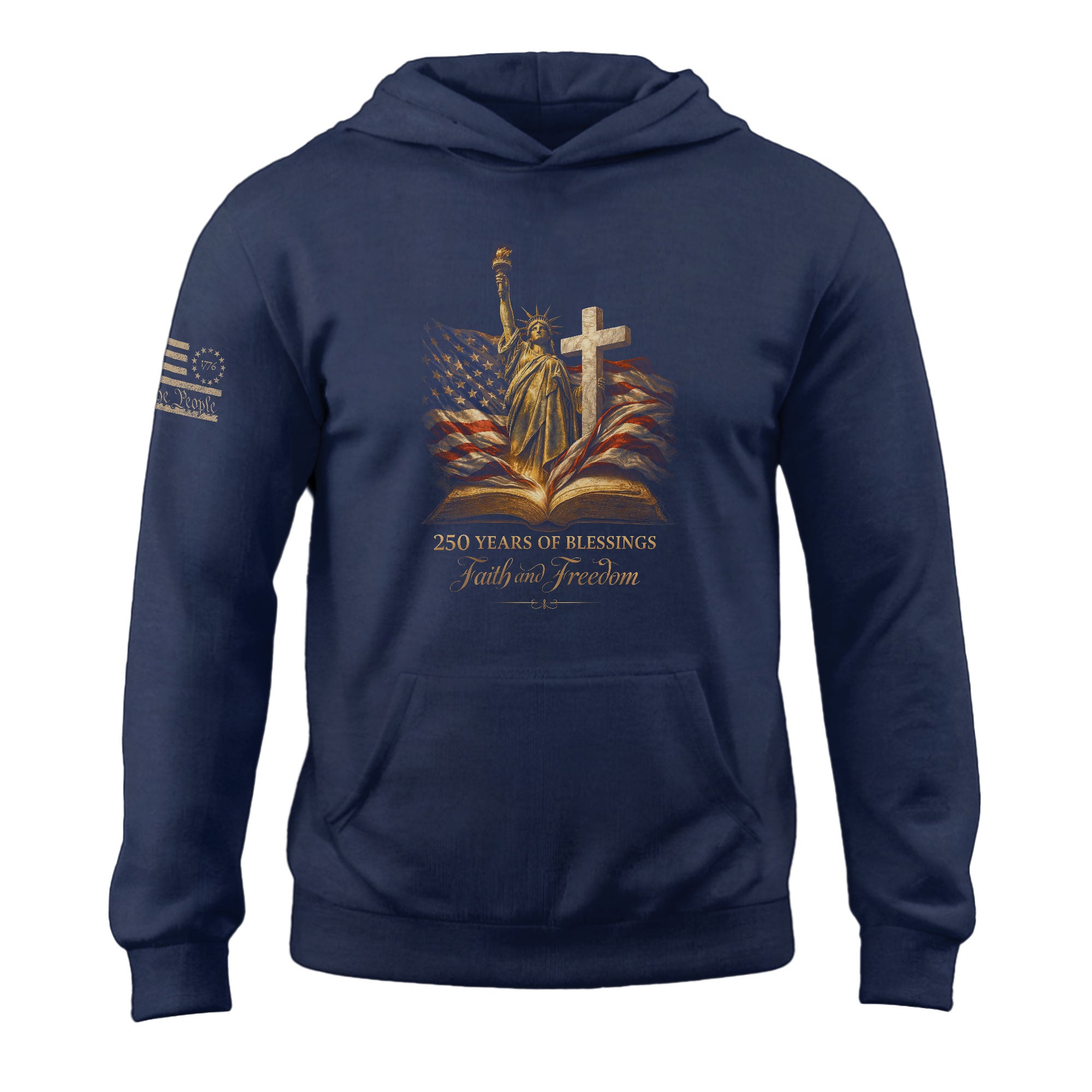 America 250th Anniversary Hoodie 1776-2026 Statue of Liberty Glowing Cross Faith Freedom