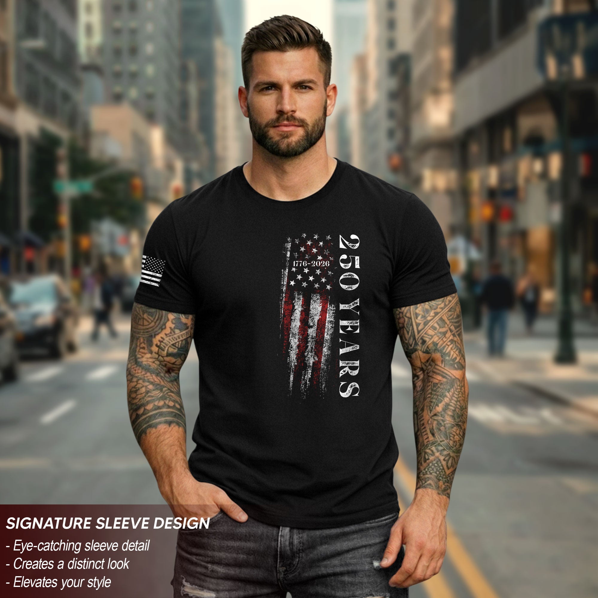 250 Years Vertical American Flag T-Shirt Vintage USA Independence 1776-2026