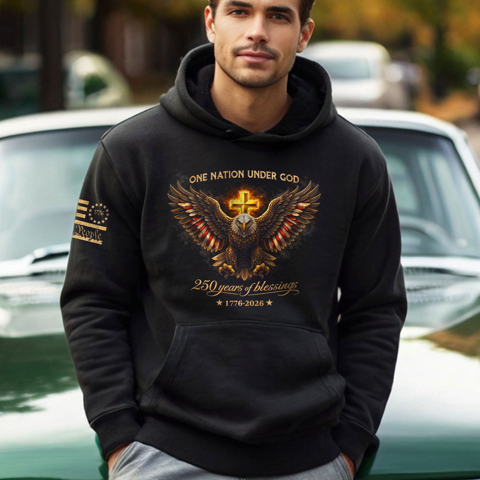 America 250th Anniversary Hoodie 1776-2026 Eagle Cross Design