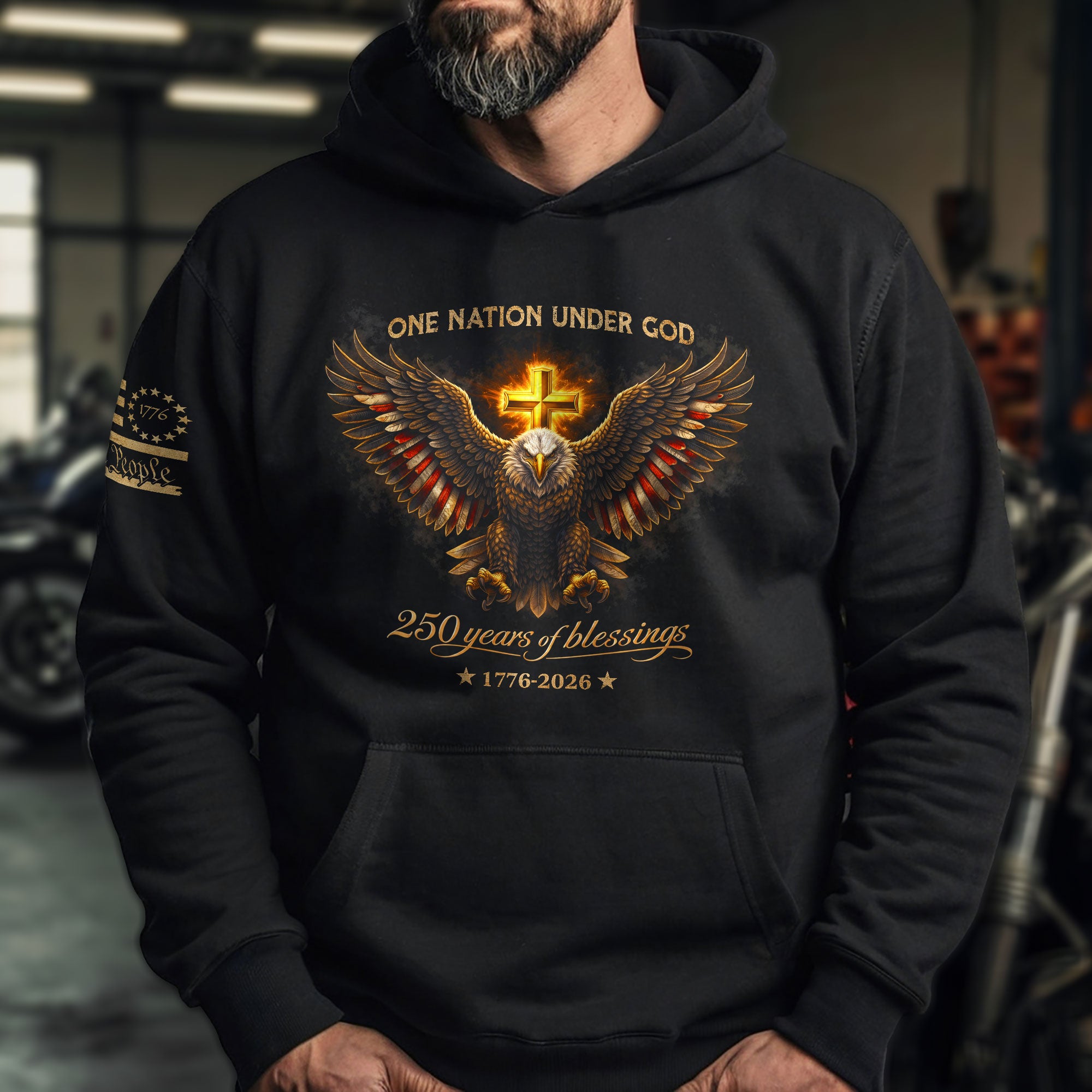 America 250th Anniversary Hoodie 1776-2026 Eagle Cross Design