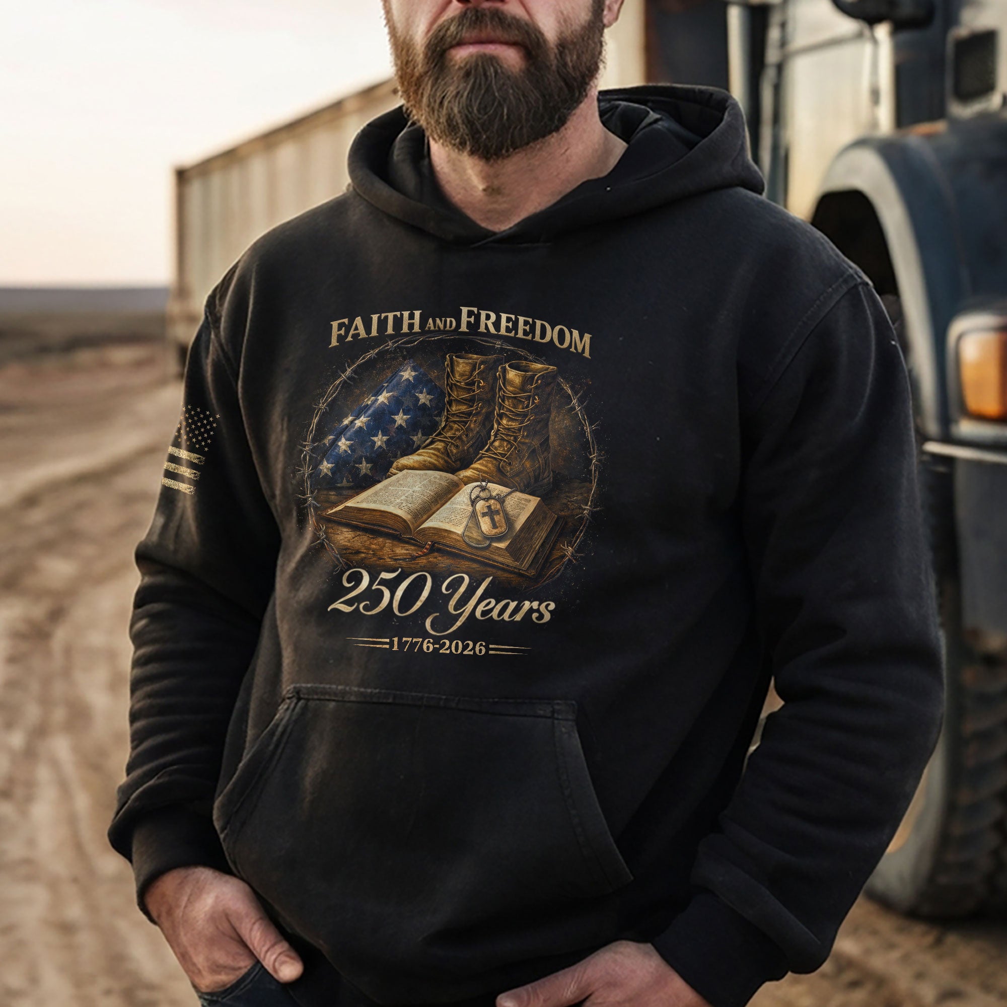 America 250th Anniversary Hoodie 1776-2026 Faith Freedom Bible Military Boots
