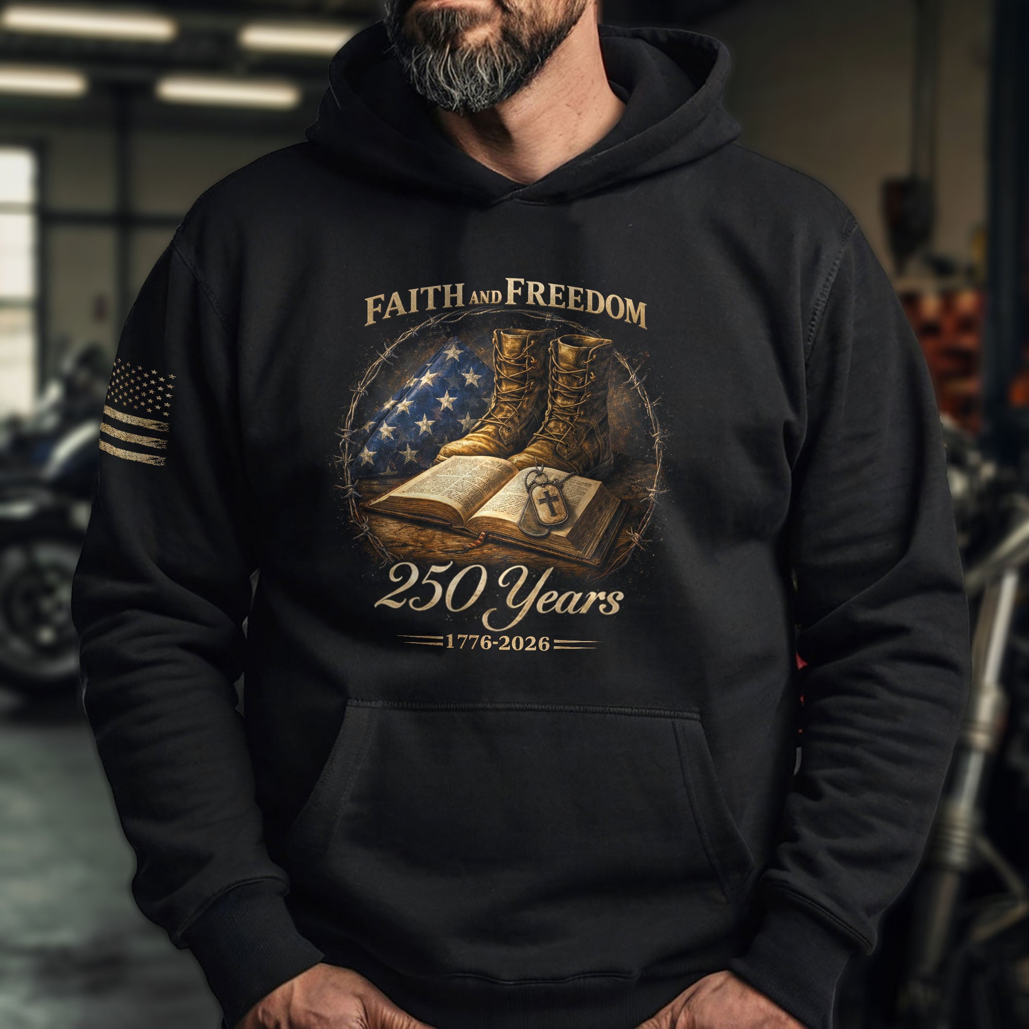 America 250th Anniversary Hoodie 1776-2026 Faith Freedom Bible Military Boots