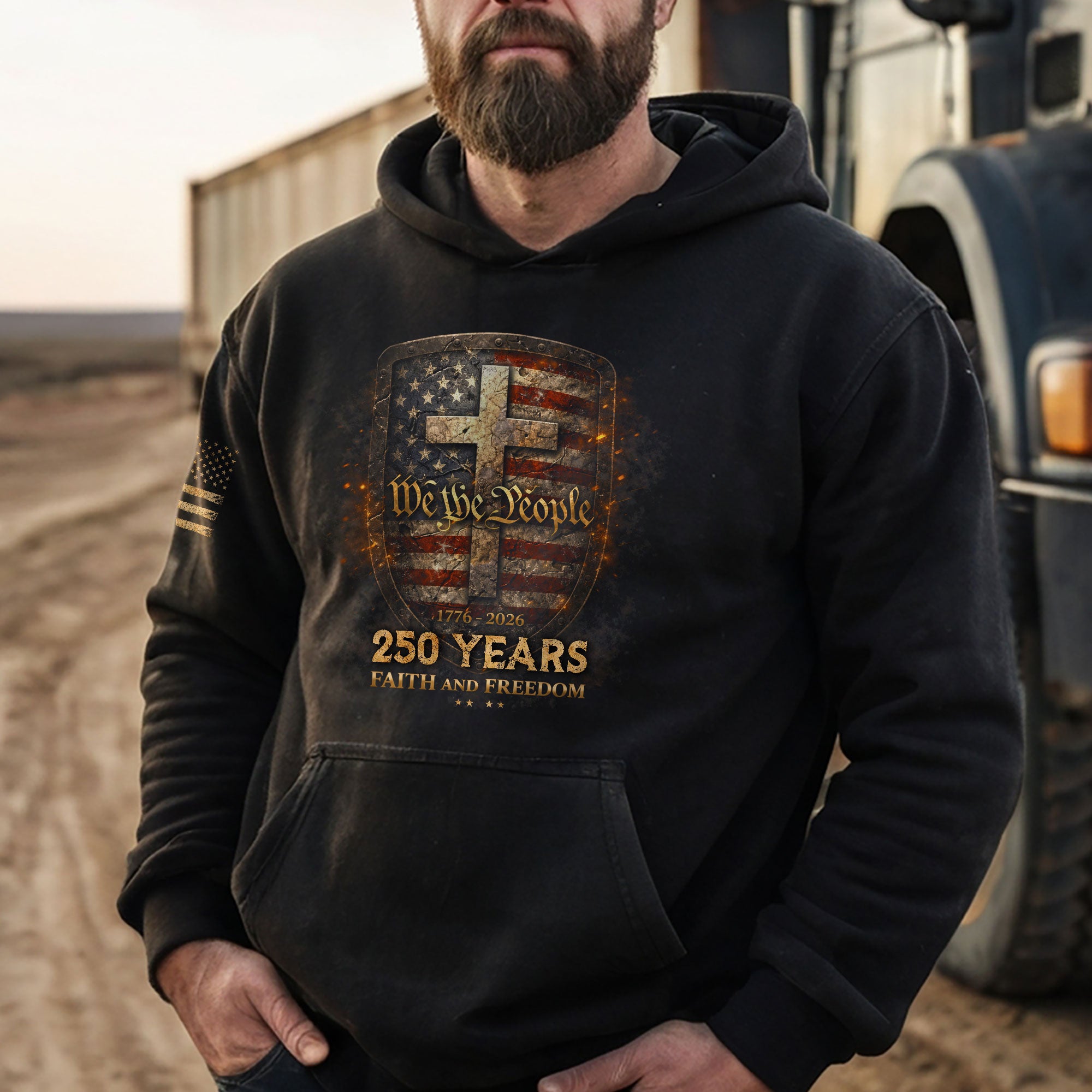 America 250th Anniversary Hoodie 1776-2026 We The People Faith Freedom Cross Shield