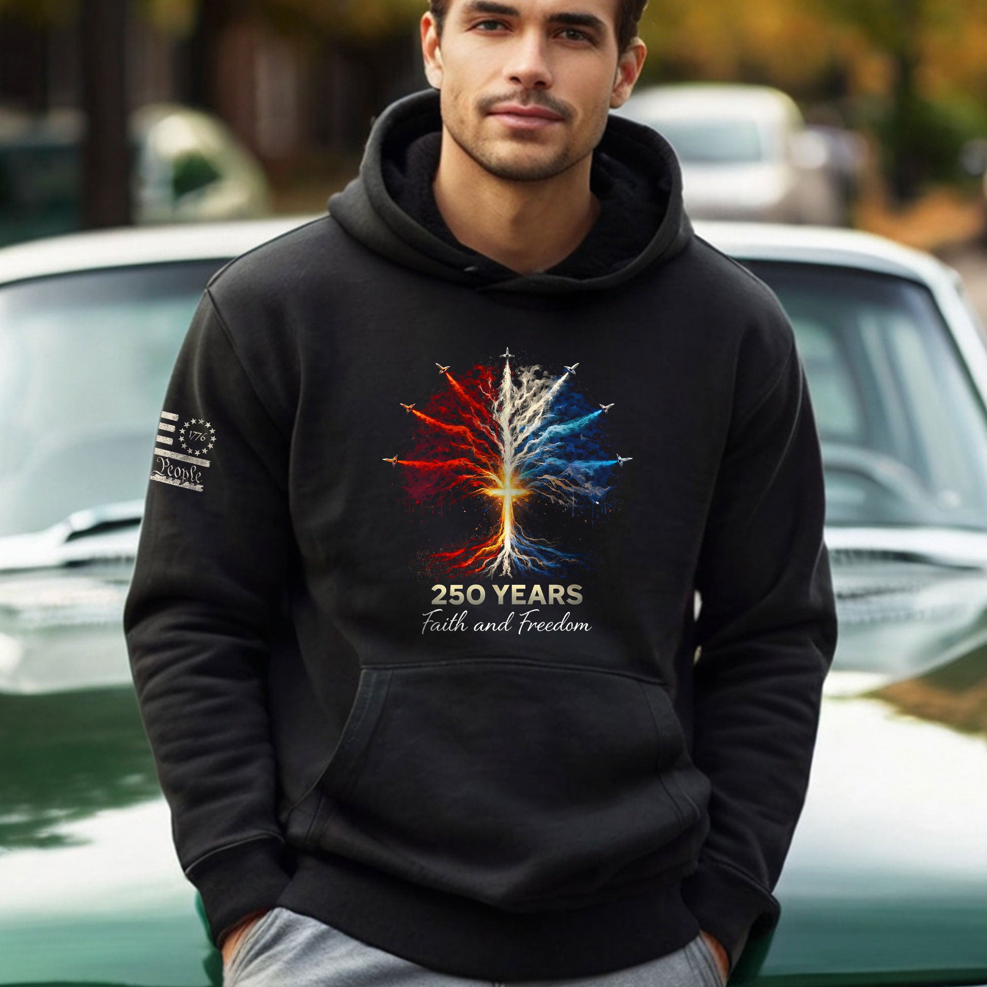 USA 250th Anniversary 1776-2026 Men's Hoodie - Tree of Life Jet Fighter Faith Freedom Patriotic