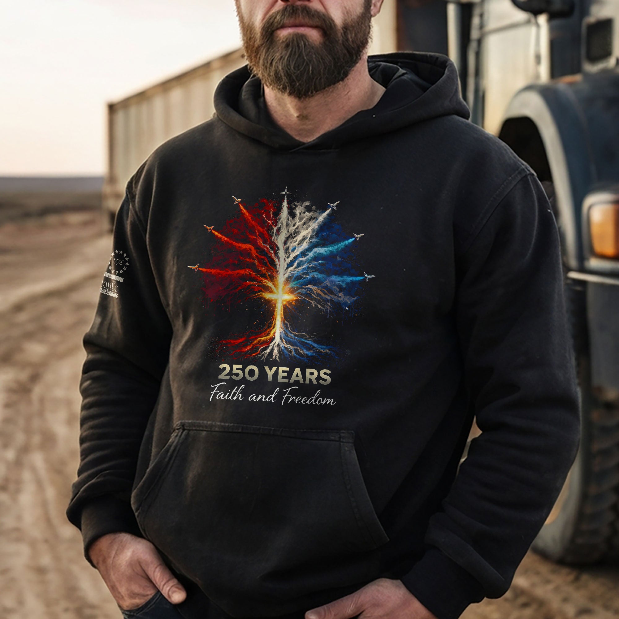USA 250th Anniversary 1776-2026 Men's Hoodie - Tree of Life Jet Fighter Faith Freedom Patriotic