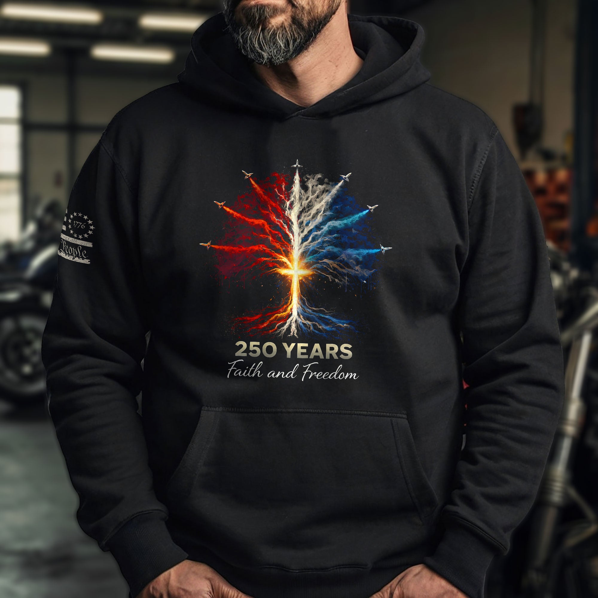 USA 250th Anniversary 1776-2026 Men's Hoodie - Tree of Life Jet Fighter Faith Freedom Patriotic