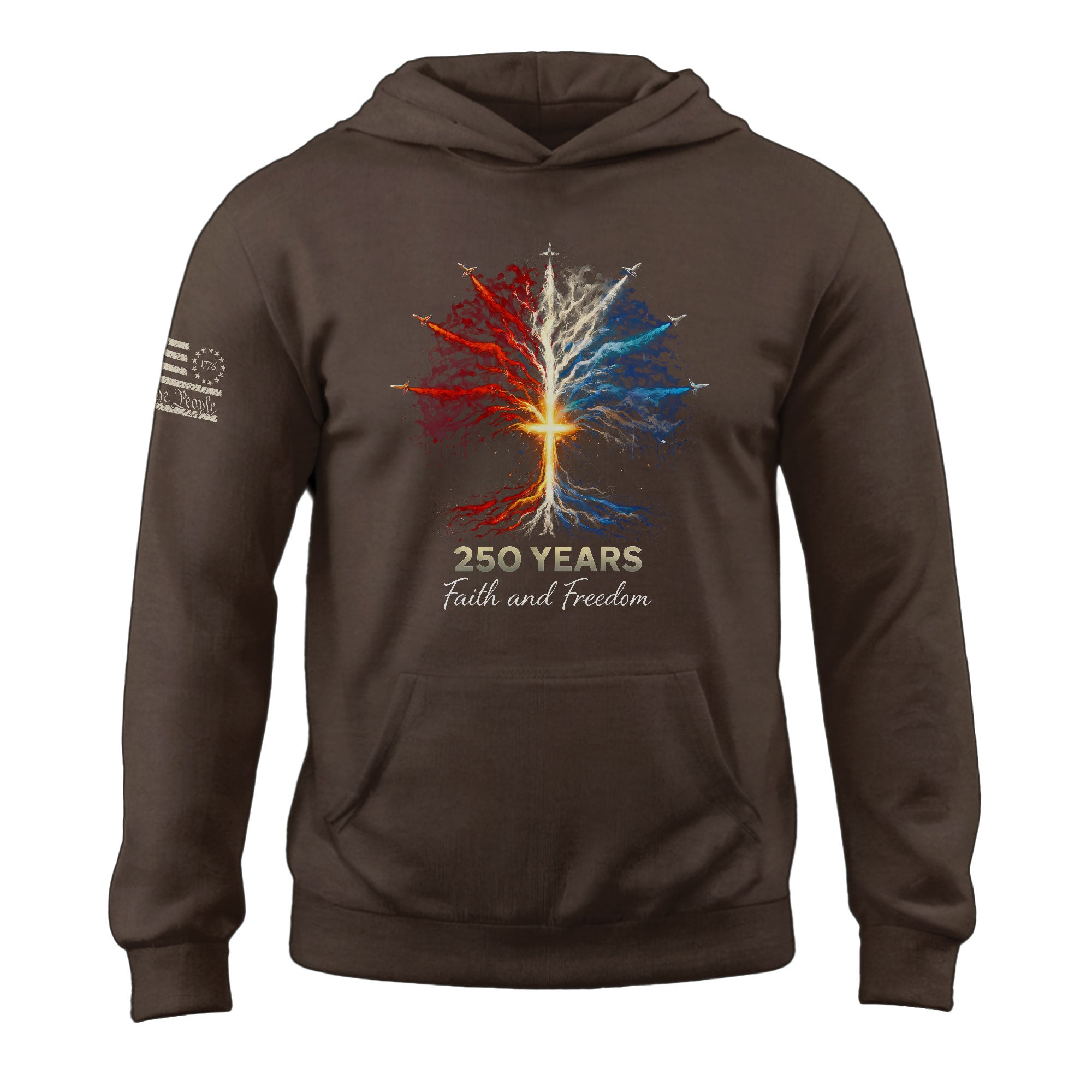 USA 250th Anniversary 1776-2026 Men's Hoodie - Tree of Life Jet Fighter Faith Freedom Patriotic