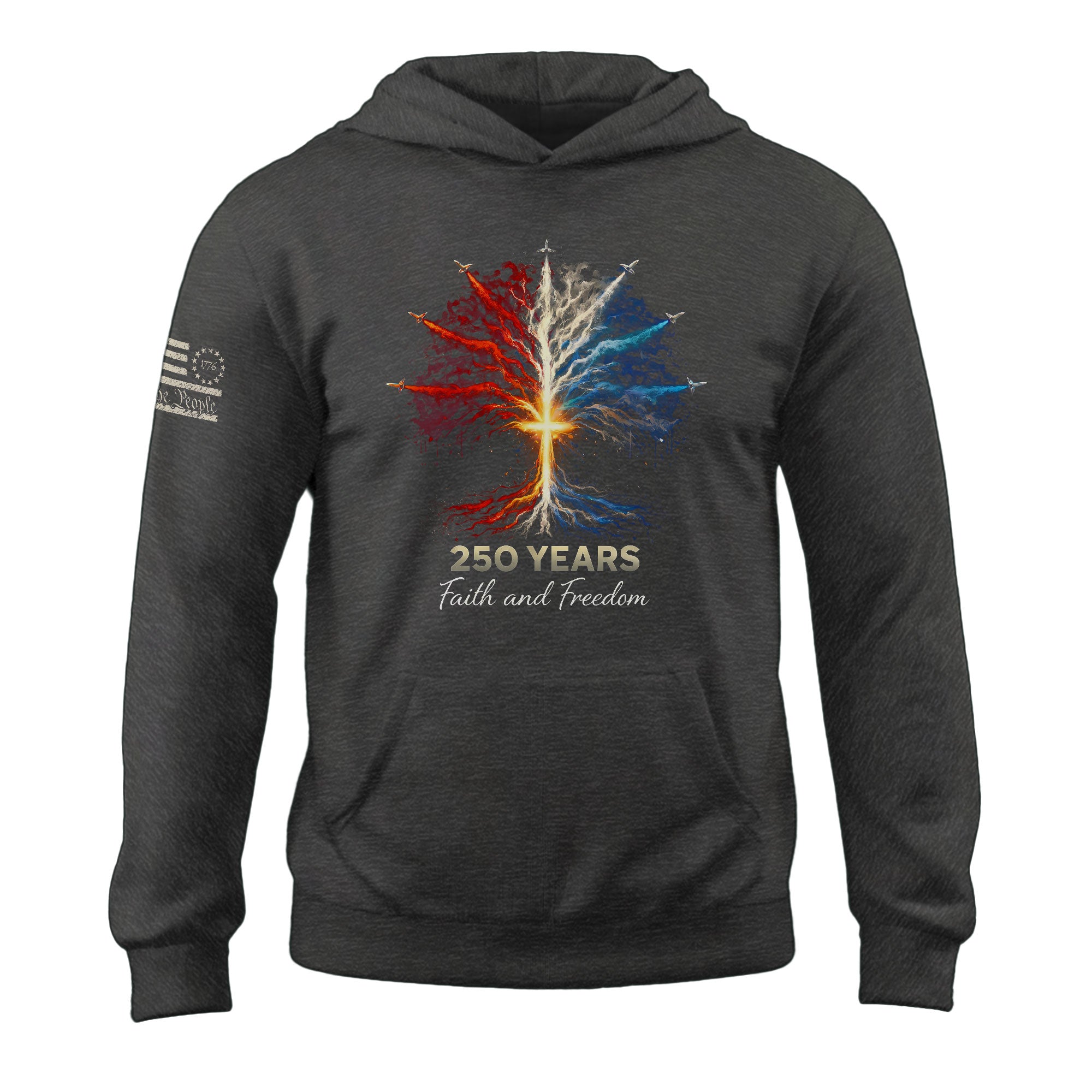 USA 250th Anniversary 1776-2026 Men's Hoodie - Tree of Life Jet Fighter Faith Freedom Patriotic