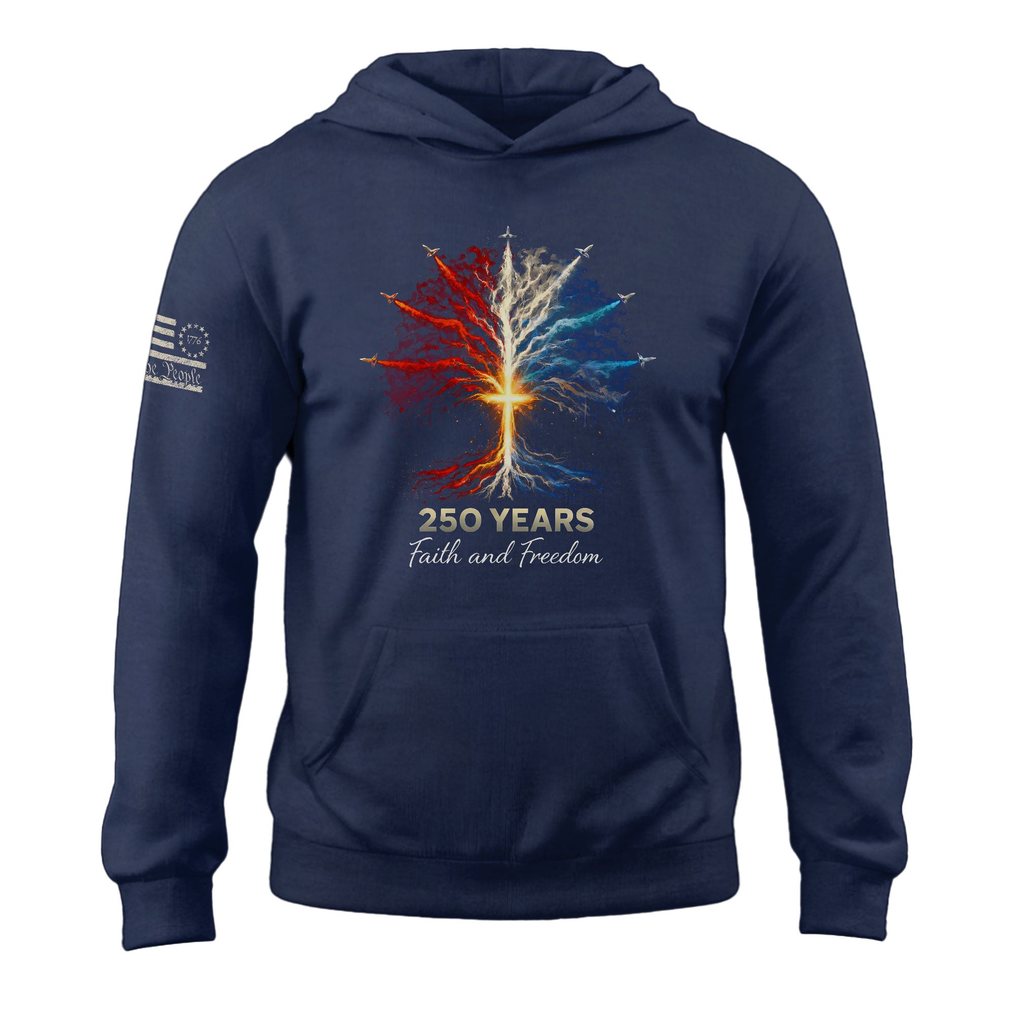 USA 250th Anniversary 1776-2026 Men's Hoodie - Tree of Life Jet Fighter Faith Freedom Patriotic