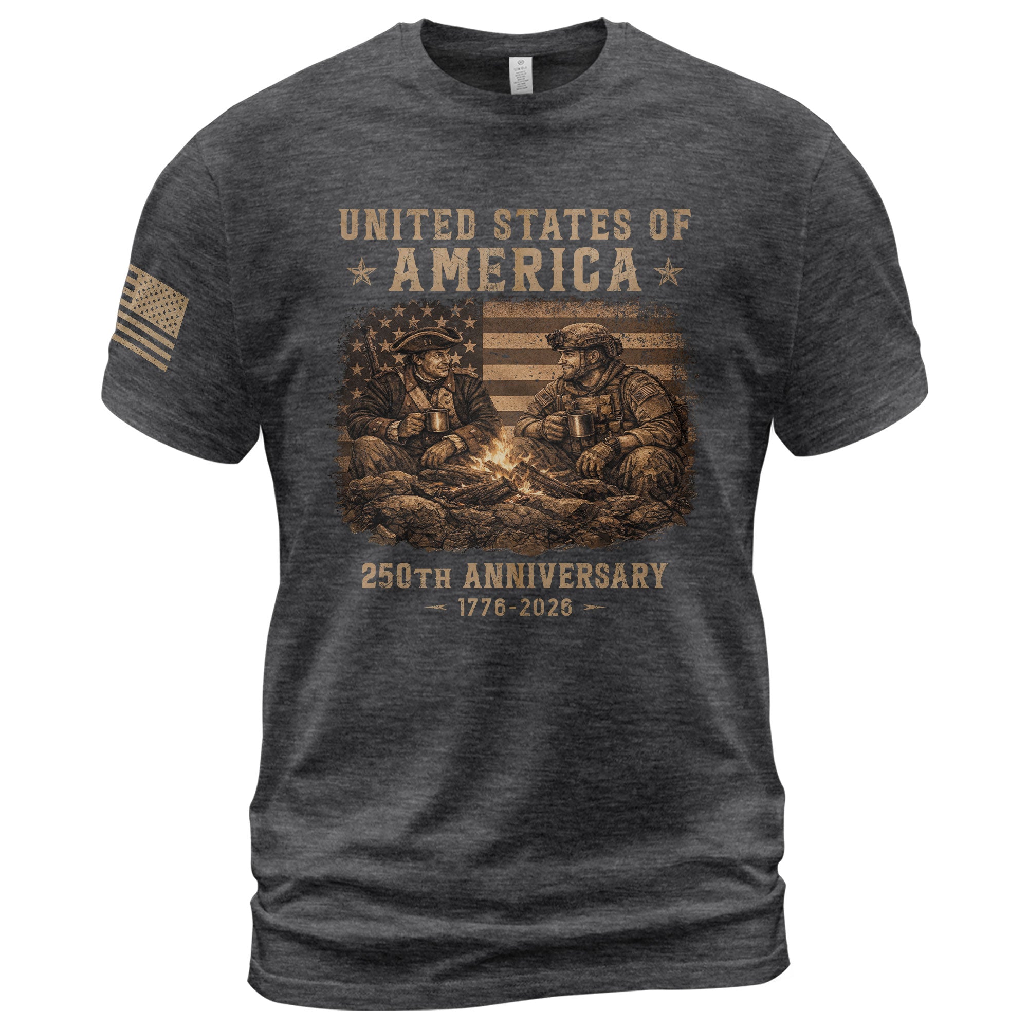 USA 250th Anniversary 1776-2026 T-Shirt Past Present Soldiers Patriotic Flag