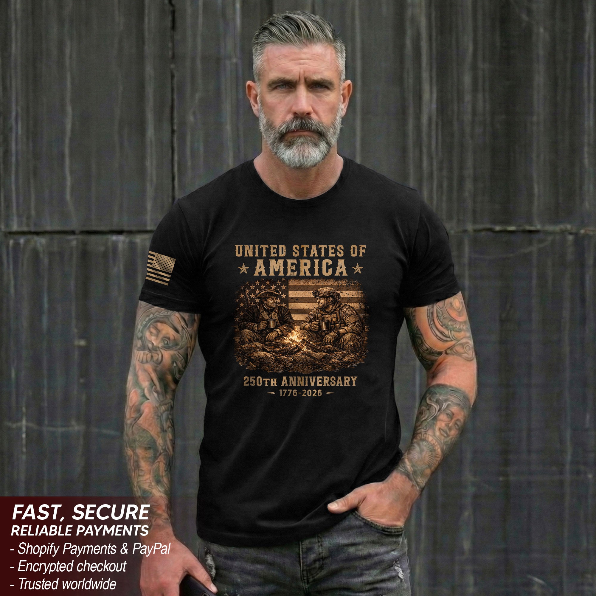 USA 250th Anniversary 1776-2026 T-Shirt Past Present Soldiers Patriotic Flag