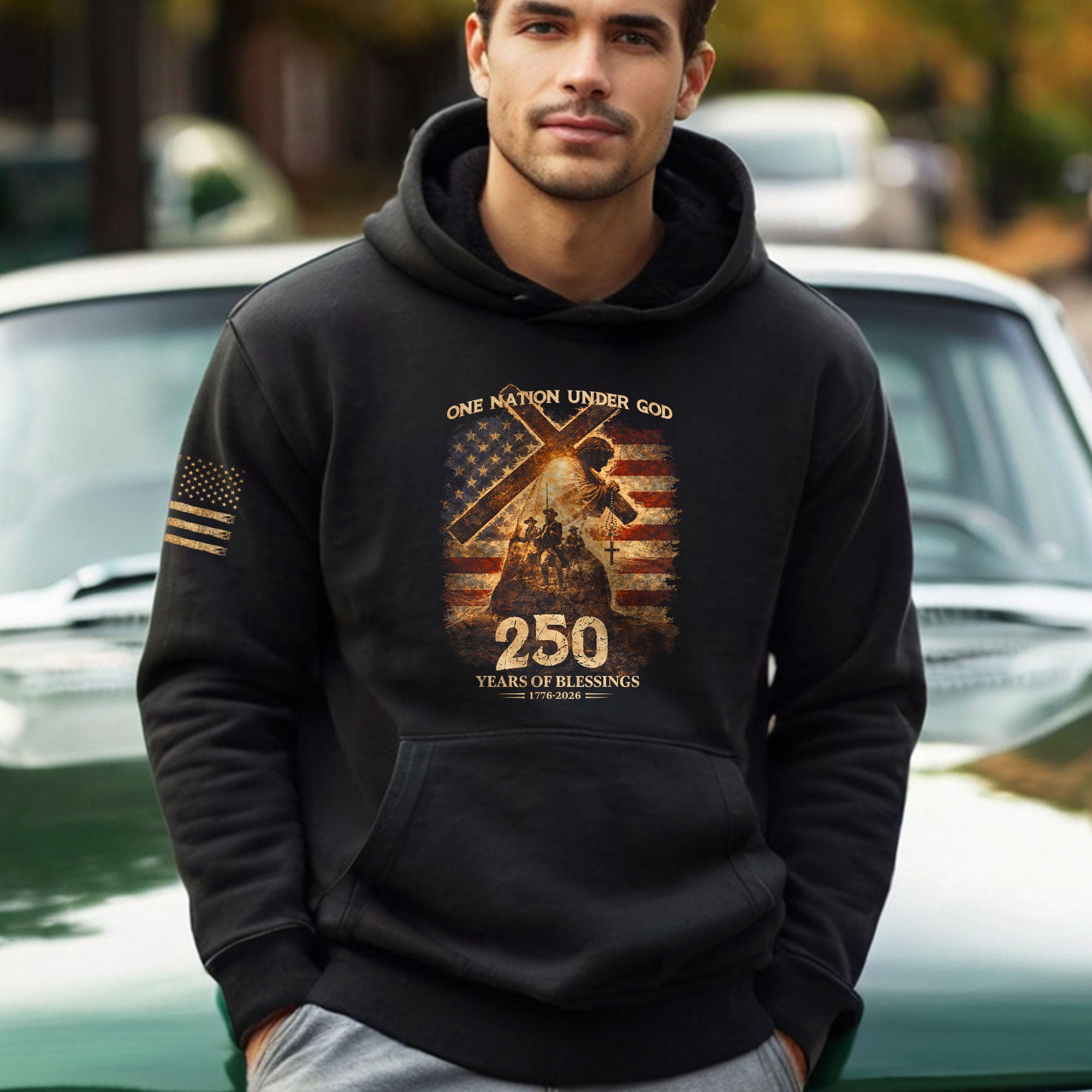 USA 250th Anniversary Hoodie 1776-2026 Jesus Carrying Cross One Nation Under God Fleece