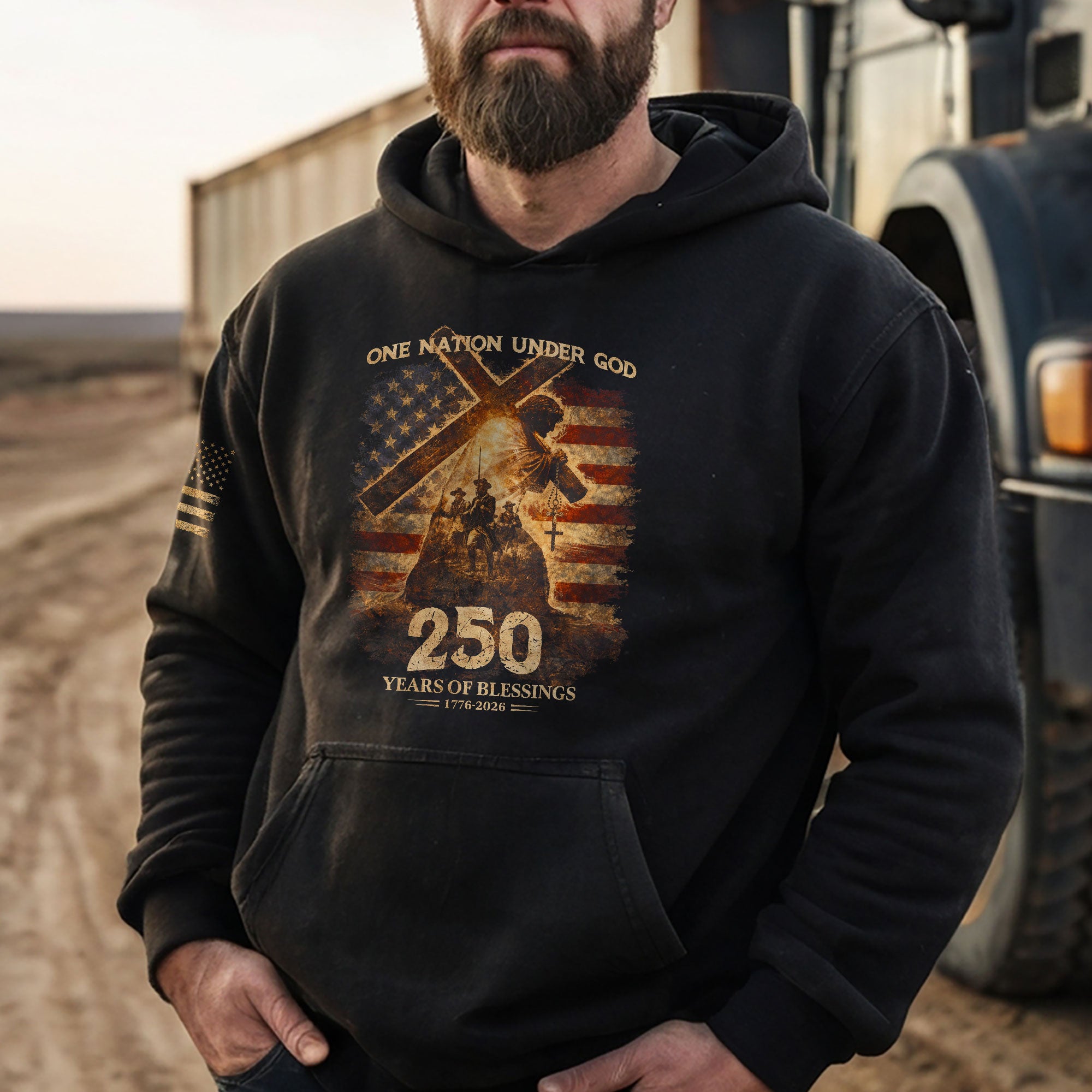 USA 250th Anniversary Hoodie 1776-2026 Jesus Carrying Cross One Nation Under God Fleece