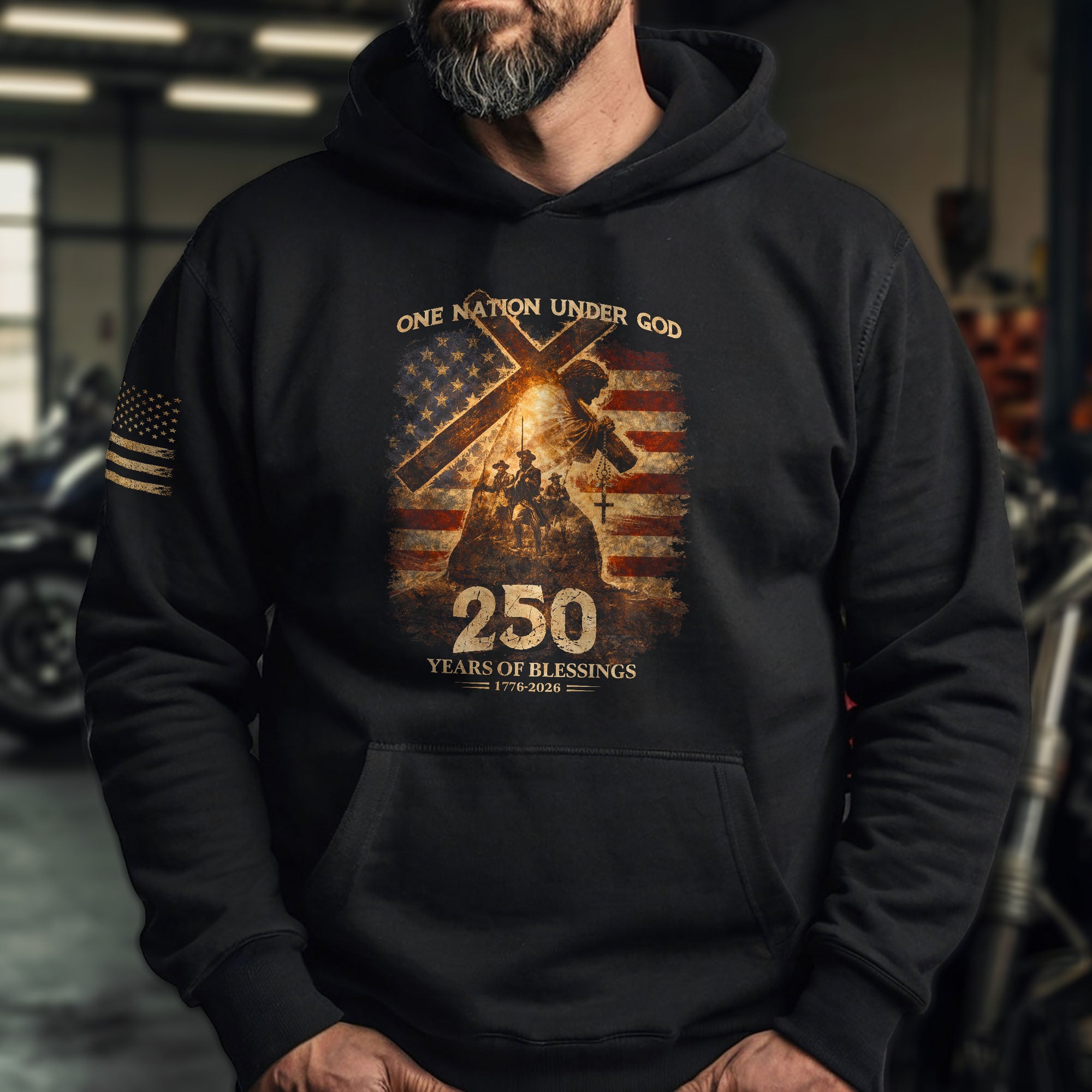 USA 250th Anniversary Hoodie 1776-2026 Jesus Carrying Cross One Nation Under God Fleece