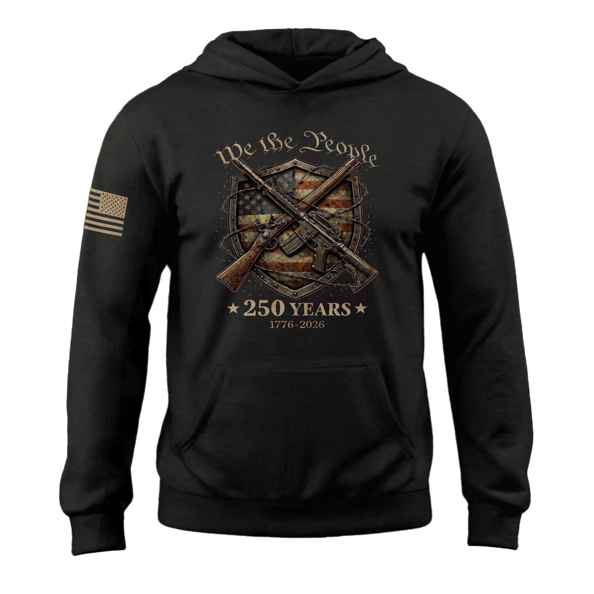 USA 250th Anniversary Mens Hoodie We The People Mental Strength Shield Rifles Patriotic 1776-2026