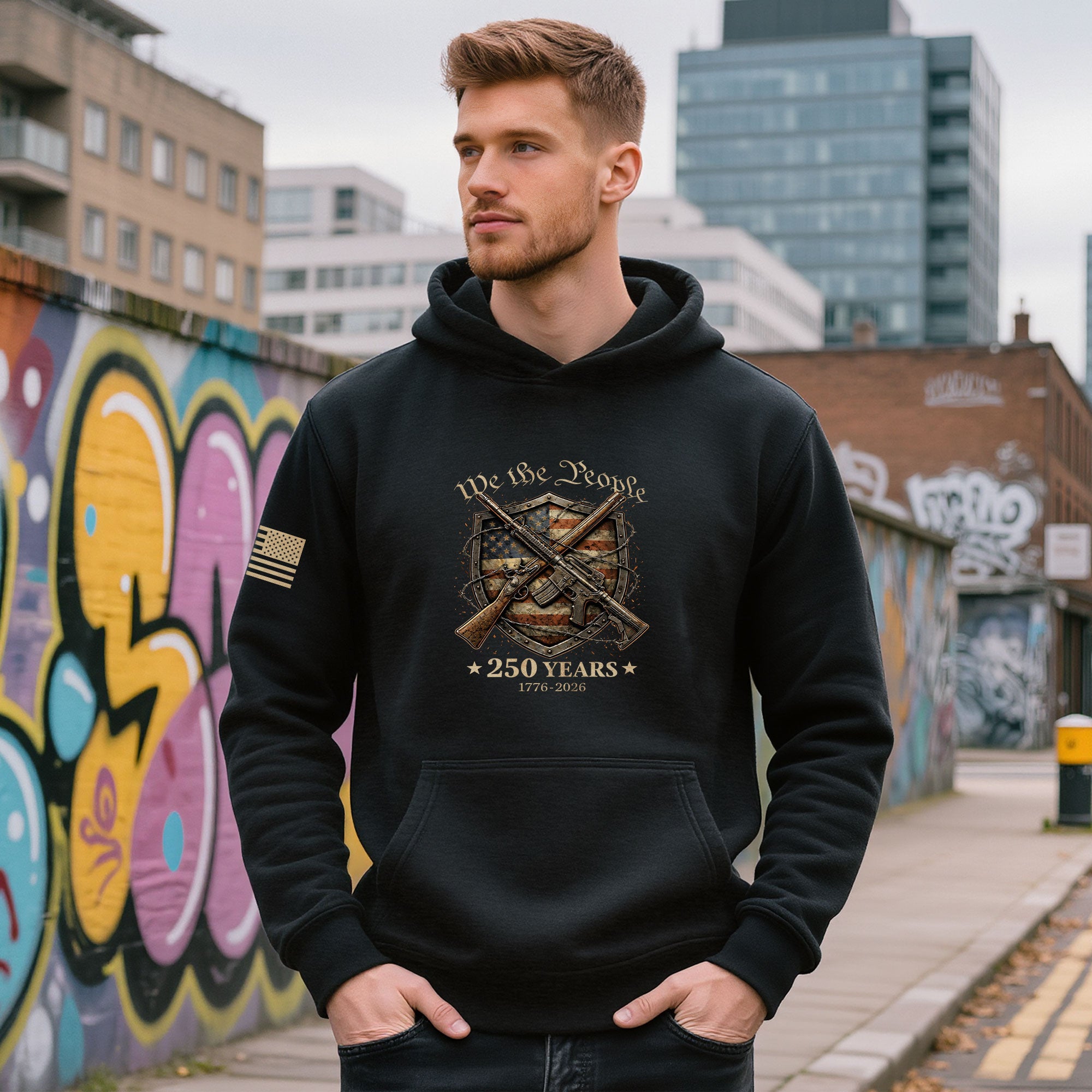 USA 250th Anniversary Mens Hoodie We The People Mental Strength Shield Rifles Patriotic 1776-2026
