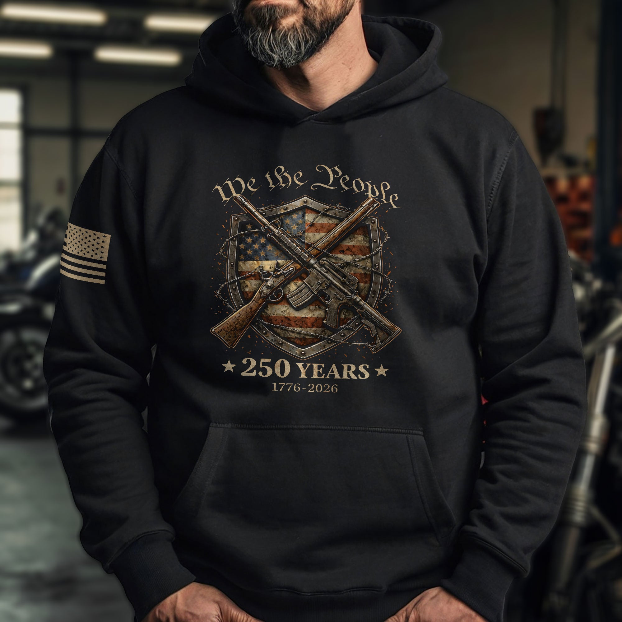 USA 250th Anniversary Mens Hoodie We The People Mental Strength Shield Rifles Patriotic 1776-2026
