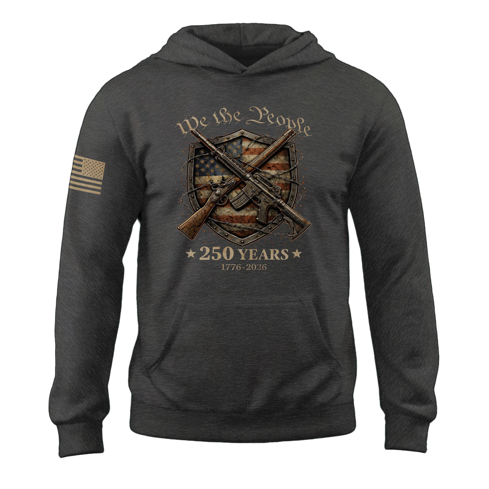 USA 250th Anniversary Mens Hoodie We The People Mental Strength Shield Rifles Patriotic 1776-2026