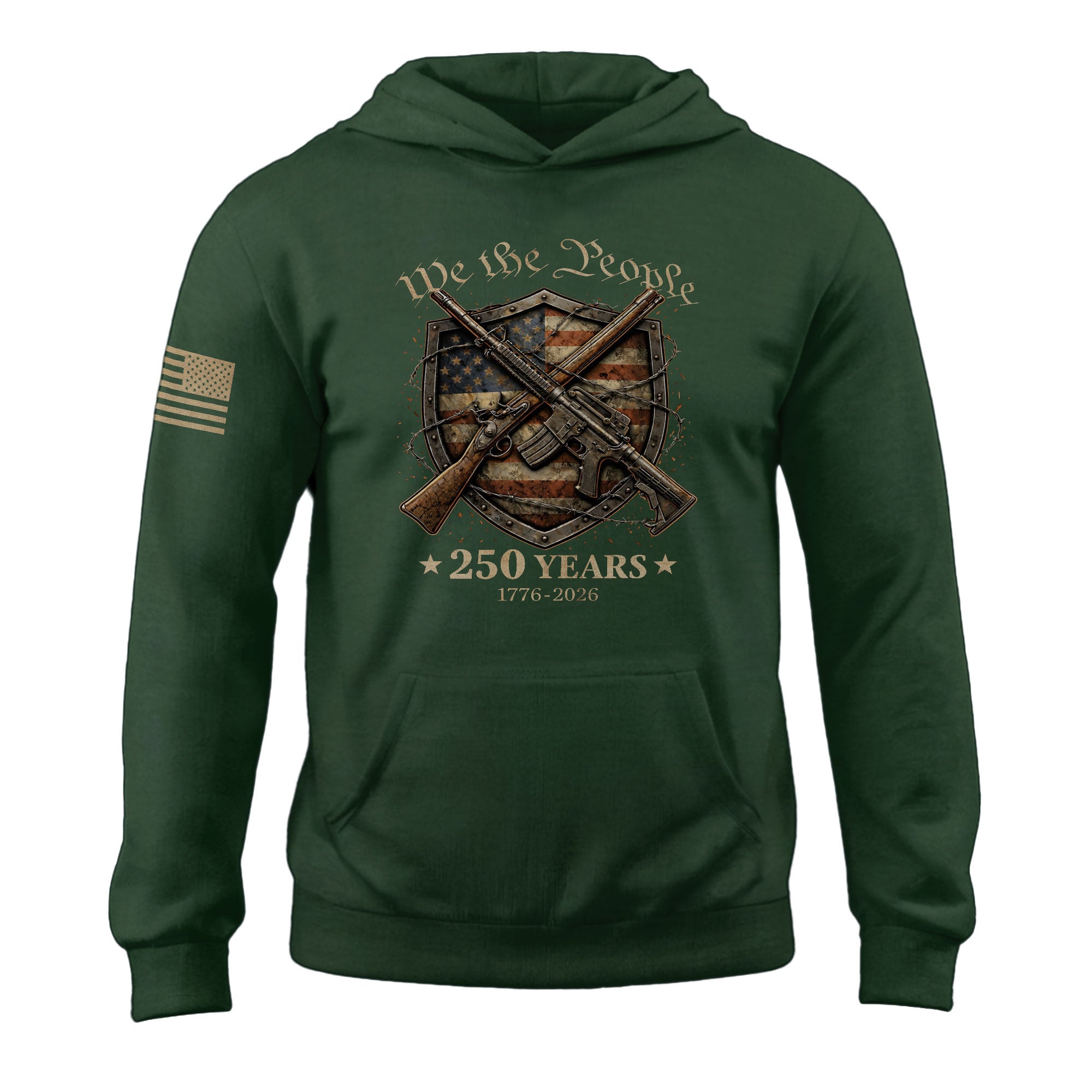USA 250th Anniversary Mens Hoodie We The People Mental Strength Shield Rifles Patriotic 1776-2026