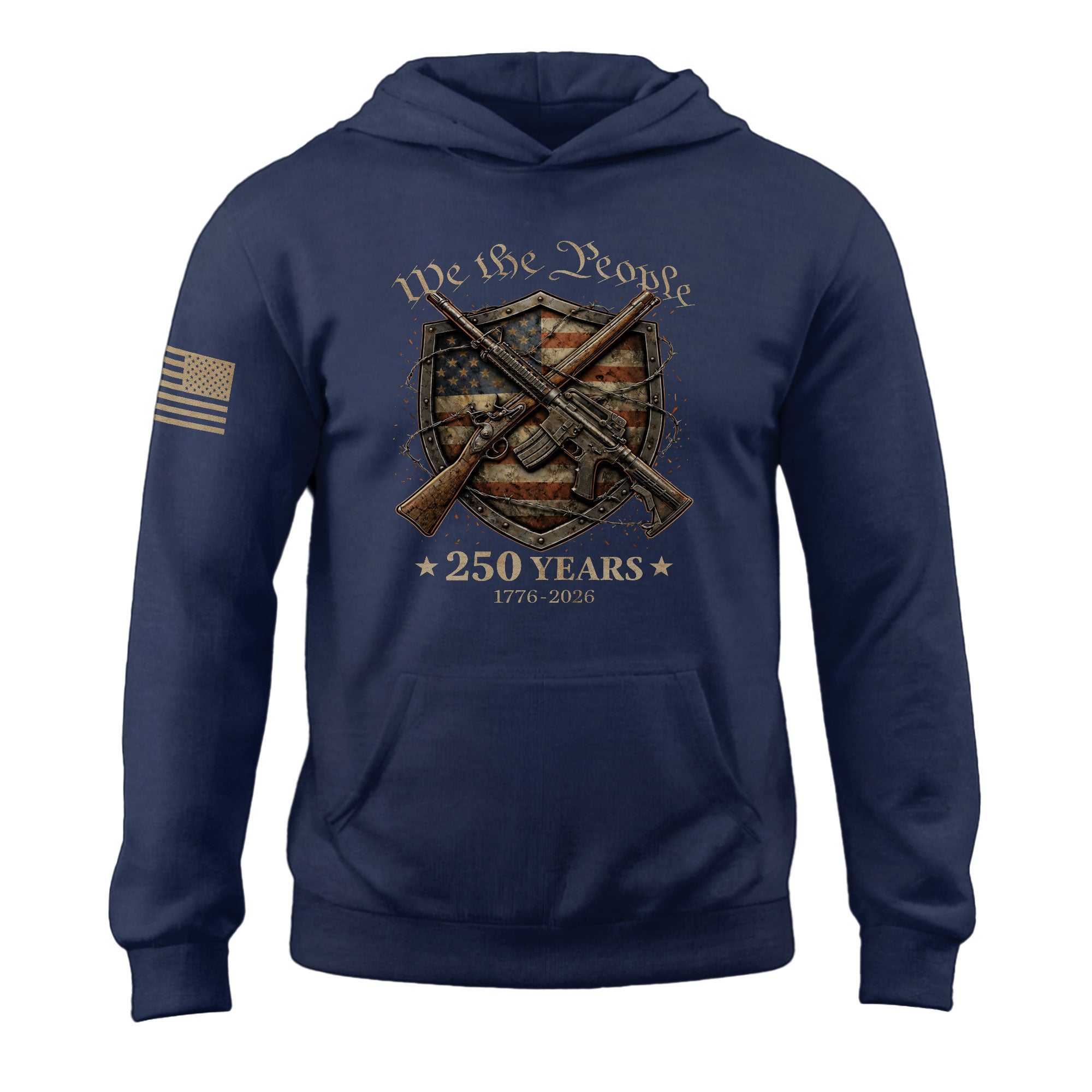 USA 250th Anniversary Mens Hoodie We The People Mental Strength Shield Rifles Patriotic 1776-2026